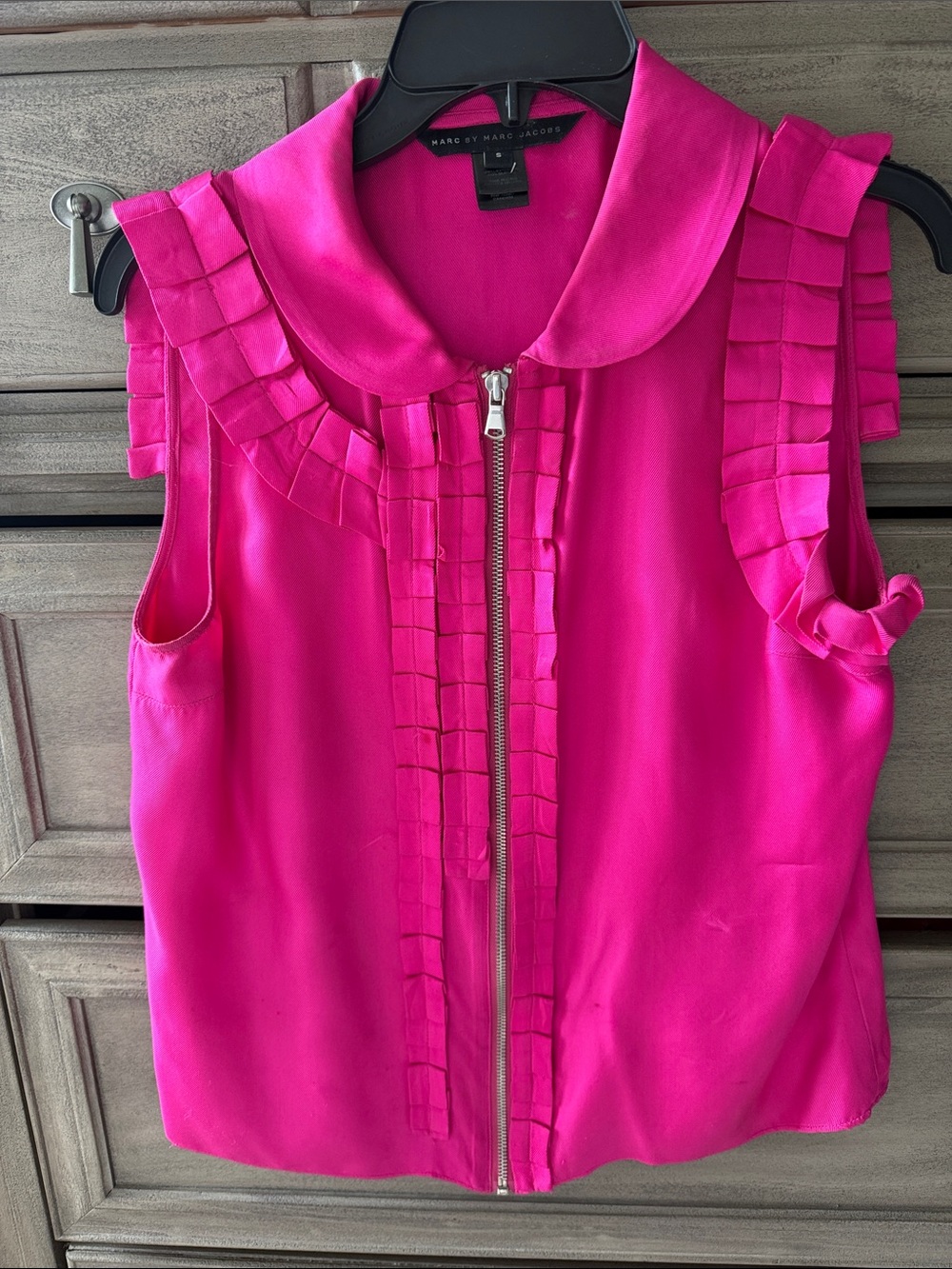 Marc by Marc Jacobs Hot Pink Ruffle-Trim Zip Front Blouse. Super cute!